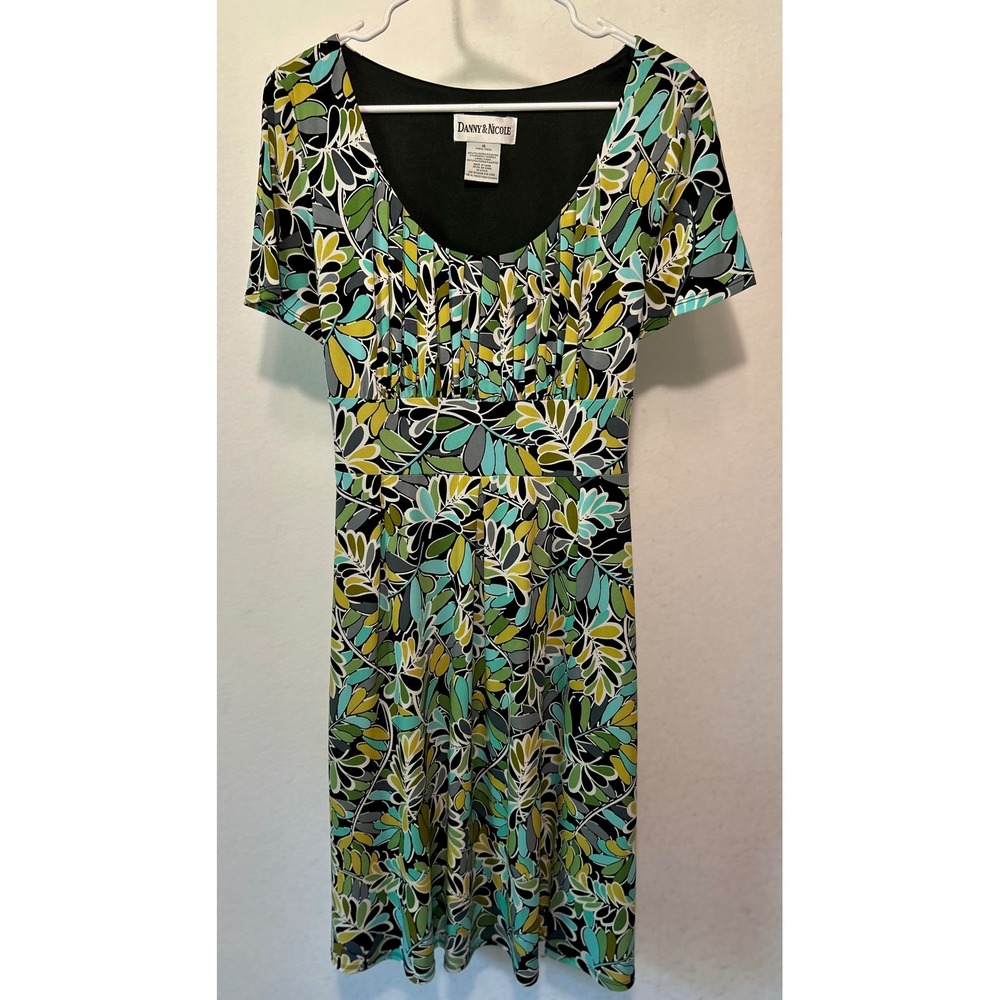 Danny & Nicole Women 14 Green Floral Leaf Empire Waist A-Line Midi Dress
